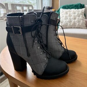 JustFab Black and Gray Plaid Heeled Boots